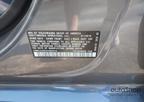 2015 Volkswagen Passat 2.0L Tdi Sel Premium from USA, damaged, VIN 1VWCV7A31FC067016